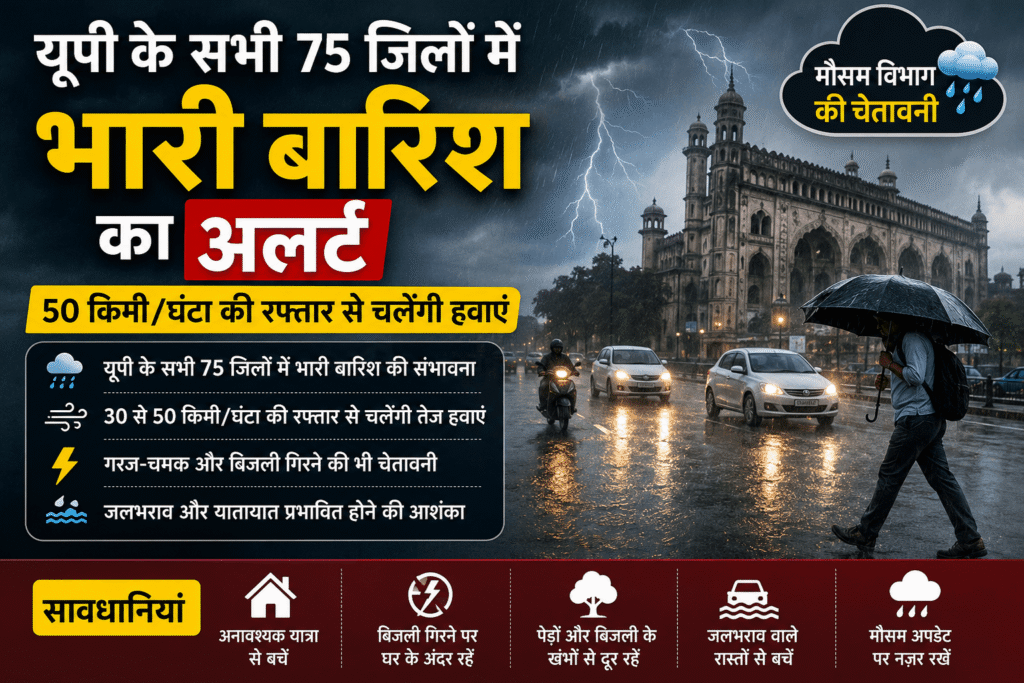यूपी में भारी बारिश का अलर्ट: 75 जिलों में तेज हवाएं और बारिश